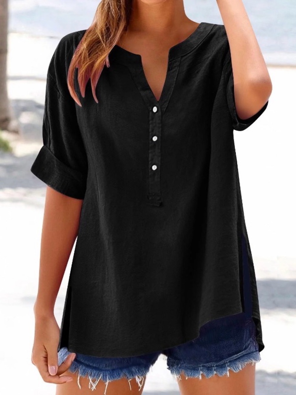 Women's Black V-Neck Button Tunic Top